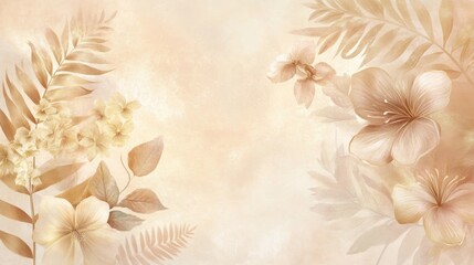Beige floral background with soft, watercolor-like flowers and leaves.