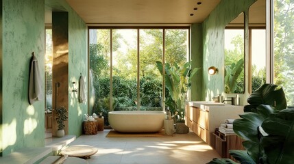 Luxurious green bathroom with bathtub, plants, and natural light.