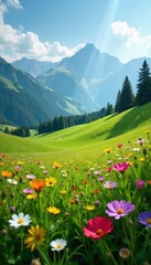 Rolling Alpine meadows with wildflowers swaying in the breeze, hills, mountains, sunbeams