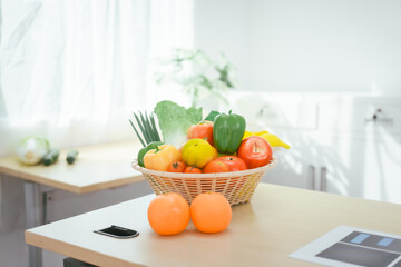 A desk with a fruit basket symbolizes a nutritionist's workspace, promoting healthy eating, balanced diets,wellness through the presentation of fresh fruits organized tools for nutritional planning