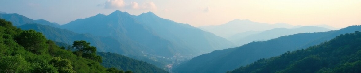 Fototapeta premium Serene mountain peaks rise above lush greenery, serene environment, mountains