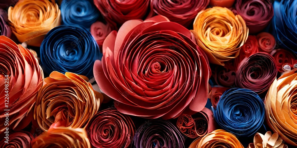 Poster a bunch of colorful paper flowers are arranged in a row