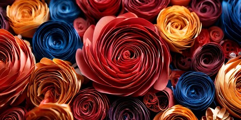 A bunch of colorful paper flowers are arranged in a row