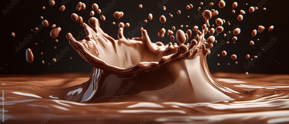 Poster chocolate splash with flying drops on dark background creating a dynamic and delicious scene