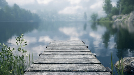Serene lakeside view with a wooden dock extending into calm waters, surrounded by lush greenery