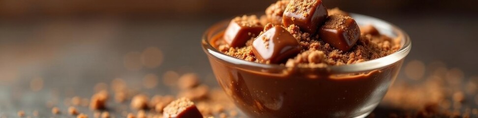 Small clear glass bowl filled with shiny golden brown chocolate, bowl, treat
