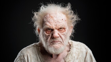 Angry elderly man portrait, dark background, film use