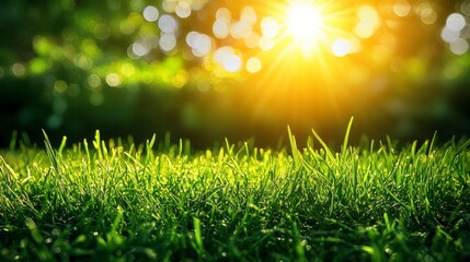 Obraz premium A fresh green grass foreground with sunshine and blurred bokeh in the background. Ideal for nature, wellness, or eco-friendly concepts.