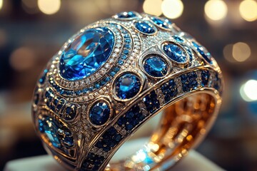 Fototapeta premium Detailed gold ring with many blue stones and a large central gem on a blurred background