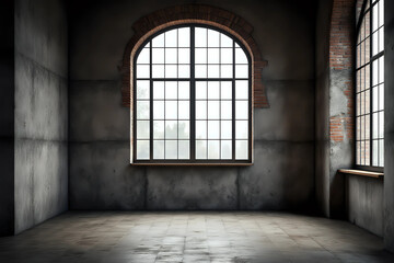 A huge window to the floor on the entire concrete wall with a wooden window sill. Loft industrial grunge interior. Brick and dark background. Place for text