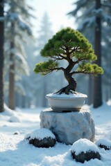 Snowy forest with bonsai tree in white stone pedestal, bonsai, white, nature