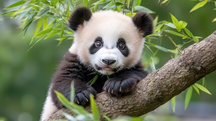Obraz premium Cute panda cub on bamboo branch, lush green foliage background; perfect for children's books