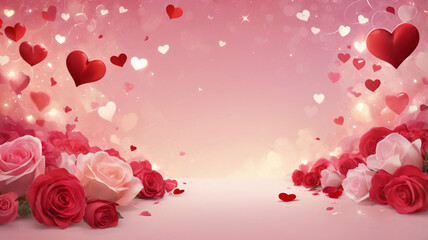 Obraz premium Elegant Valentine’s Day background featuring soft pink and red gradients with a warm, romantic vibe. Ideal for love-themed events, wedding invitations, etc.
