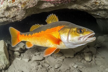 Vibrant Orange and Yellow Fish Swimming Underwater near a Rock Cave