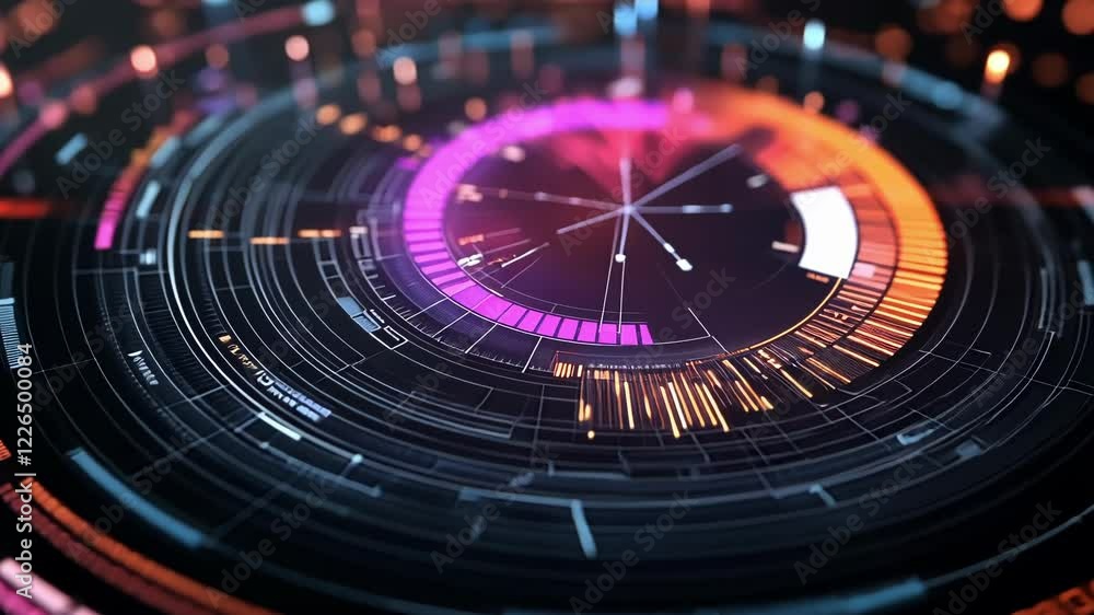 Poster glowing futuristic circular heads up display - hud - element visualizing manufacturing data analysis