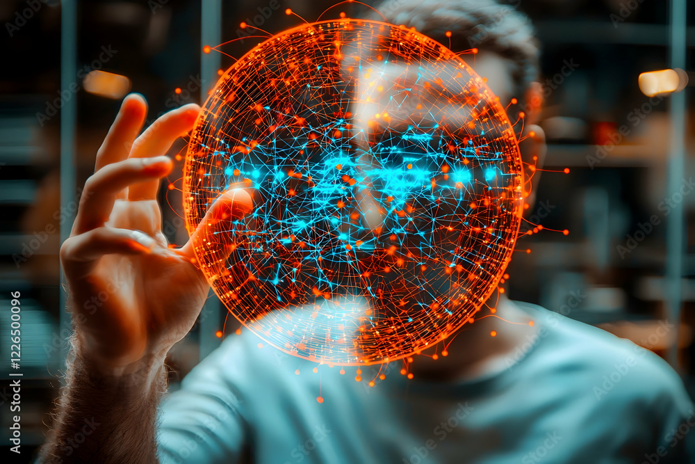 Poster man interacts with digital globe, network visualization