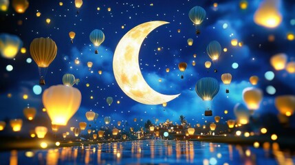 Magical night scene with crescent moon and many hot air balloons over calm water.