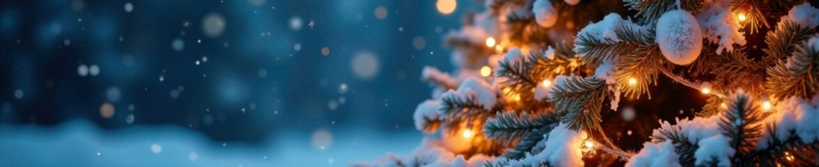 Snowy tree with ornaments and garlands, festive lights, winter wonderland, twinkling lights