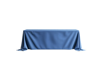 A Blue tablecloth on a long rectangular podium, isolated against