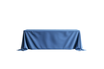A Blue tablecloth on a long rectangular podium, isolated against