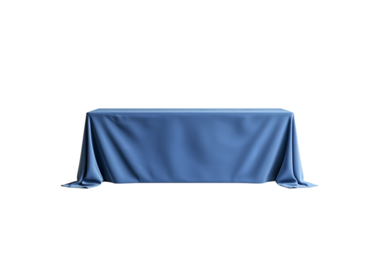 A Blue tablecloth on a long rectangular podium, isolated against