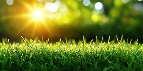 Obraz premium A fresh green grass foreground with sunshine and blurred bokeh in the background. Ideal for nature, wellness, or eco-friendly concepts.