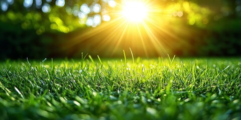 Obraz premium A fresh green grass foreground with sunshine and blurred bokeh in the background. Ideal for nature, wellness, or eco-friendly concepts.