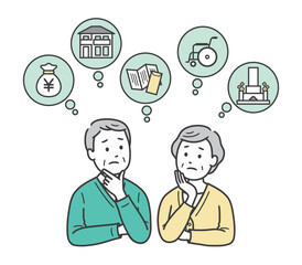 高齢夫婦がお金や住まいや介護やお墓や遺言書に悩む上半身イラスト