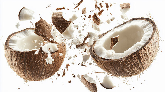 Exploding Coconut with Fragments and White Background Creates Dynamic Food Image