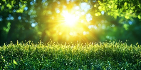 Obraz premium A fresh green grass foreground with sunshine and blurred bokeh in the background. Ideal for nature, wellness, or eco-friendly concepts.