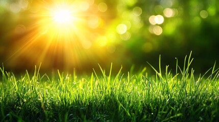 Obraz premium A fresh green grass foreground with sunshine and blurred bokeh in the background. Ideal for nature, wellness, or eco-friendly concepts.
