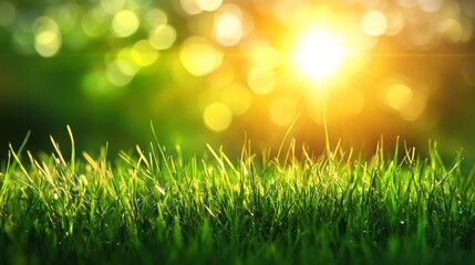 Obraz premium A fresh green grass foreground with sunshine and blurred bokeh in the background. Ideal for nature, wellness, or eco-friendly concepts.
