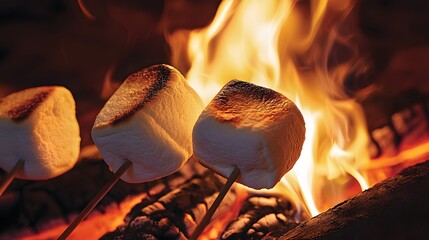 Over-the-shoulder shot of friends roasting marshmallows over a campfire, the flames casting warm orange hues on their faces