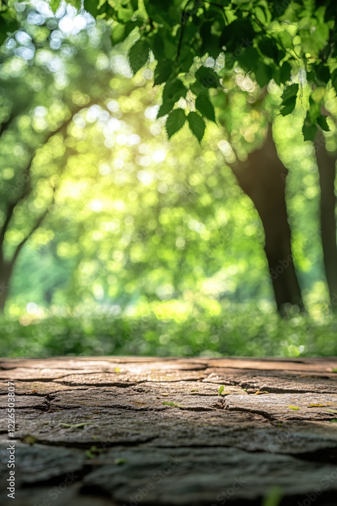 Poster sunlight filters through green leaves of trees in a forest with a stone path in the foreground