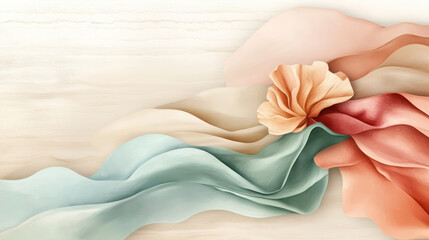 Soft pastel colored fabric waves flow gracefully with delicate flower accent, creating serene and artistic composition. textures evoke sense of calm and elegance