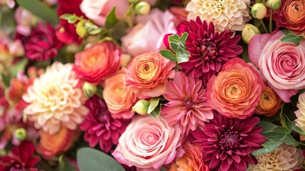 Valentine mockup card elements design. Abundant Floral Bouquet of Pink White and Red Flowers With Greenery Close Up View Detail.