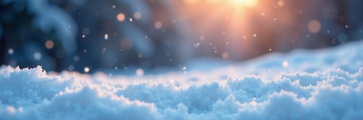 Sparkling crystal snow flakes gently falling on a winter landscape, snowy scene, crystalline