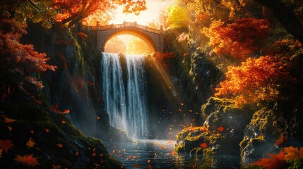 Autumn Waterfall, Stone Bridge, Forest, Sunrise, Fantasy Landscape