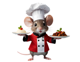 Transparent background Miniature Adorable Cute Chef Mouse in Black and Red Uniform Holding Steaming Entree Dish: restaurant, kitchen, gourmet, cook, culinary