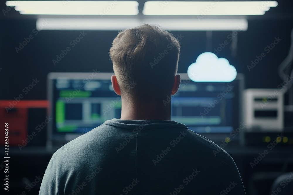 Poster young man working on computer with cloud technology in background