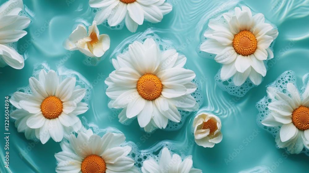 Aufkleber white daisies floating in a light blue liquid with soft bubbles creating a relaxing scene