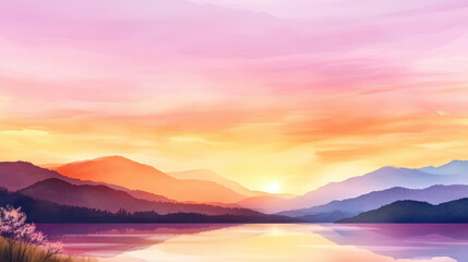 Fototapeta premium serene sunrise over tranquil lake, with soft purples, pinks, and oranges blending into sky, reflecting on water, and surrounded by distant mountains and gentle foliage