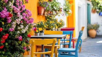 Fototapeta premium Colorful cafe tables, flowers, alleyway, sunny day, Mediterranean