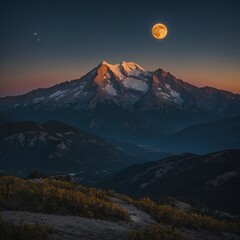 Mountains with a massive, radiant moon hovering above them.