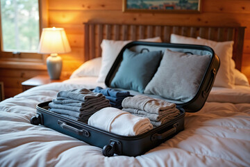 Organized Open Suitcase with Folded Clothing on Cozy Bed