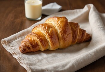 Golden-Brown Croissant on Linen Cloth with Milk, Perfect for Bakery or Breakfast Menu Design