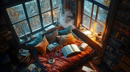 Birds-eye view of a reading nook, complete with pillows, a stack of books, and a steaming mug of tea