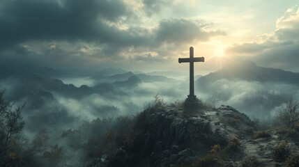 Naklejka premium A cross on a hilltop with dramatic sunlight breaking through the clouds. Ideal for faith-based themes, inspiration, or spiritual content.