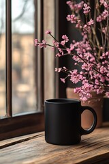 Black mug and pink blossoms on rustic wooden table by window with soft light and blurred background