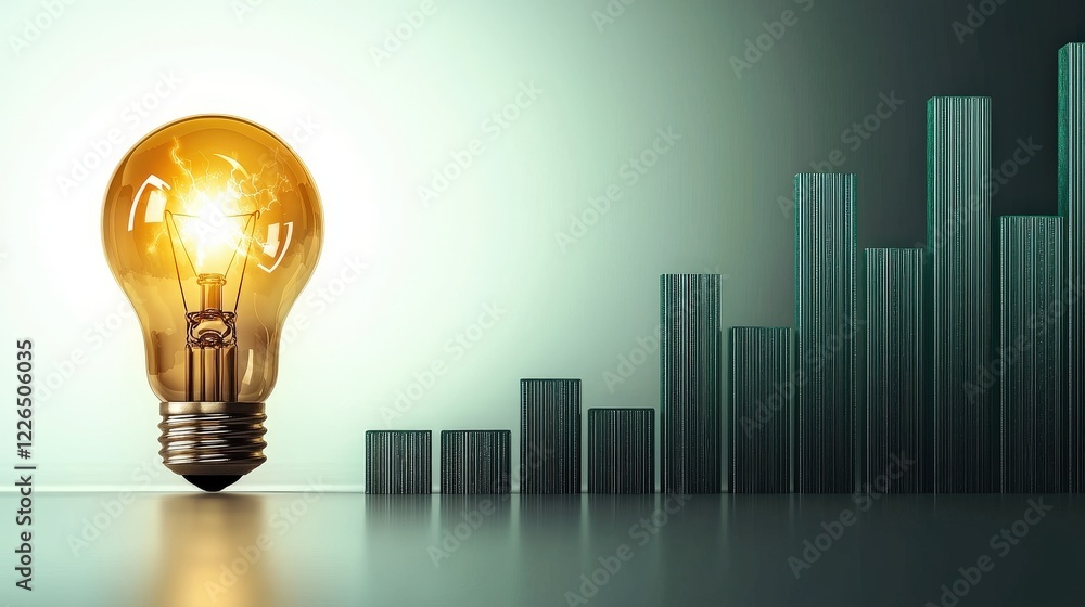 Poster illuminated lightbulb with rising graph bars in soft green hue